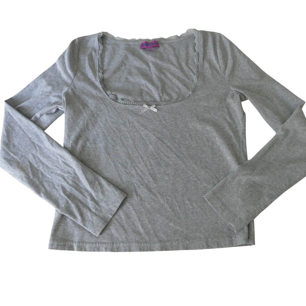 Edikted Gray Ribbed Knit Long Sleeve Bow Square Neck Top Large Y2K Lace Trim